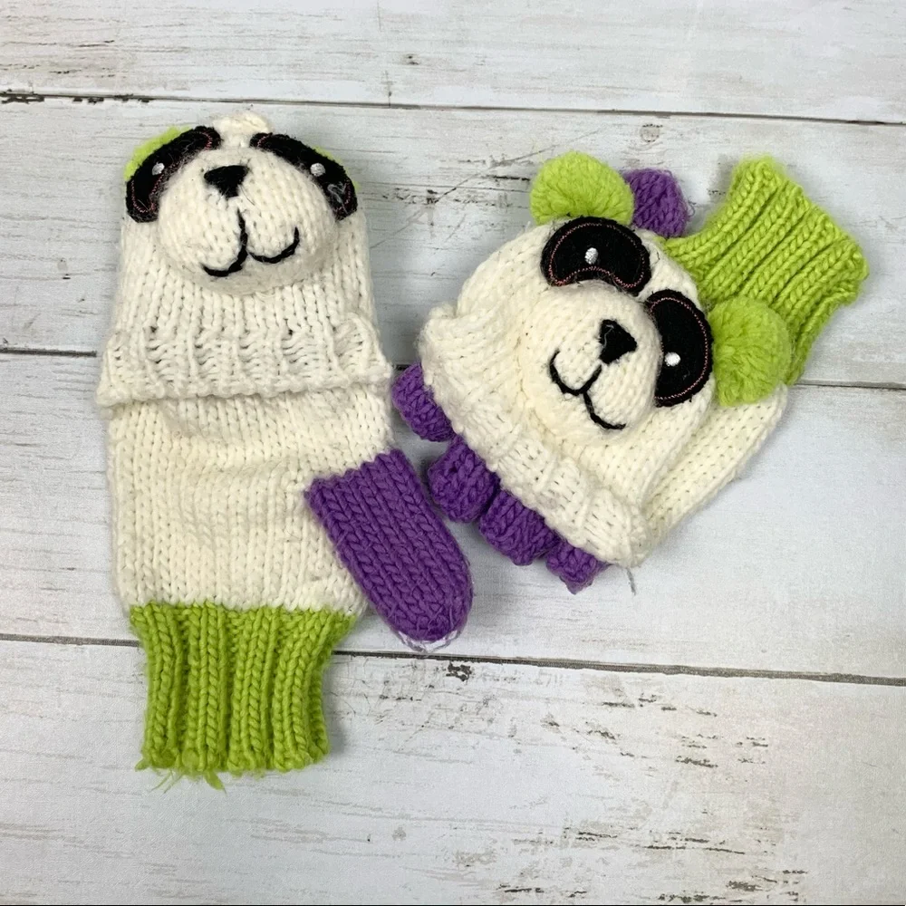 Panda Convertible Fingerless Flip Top Knit Mittens